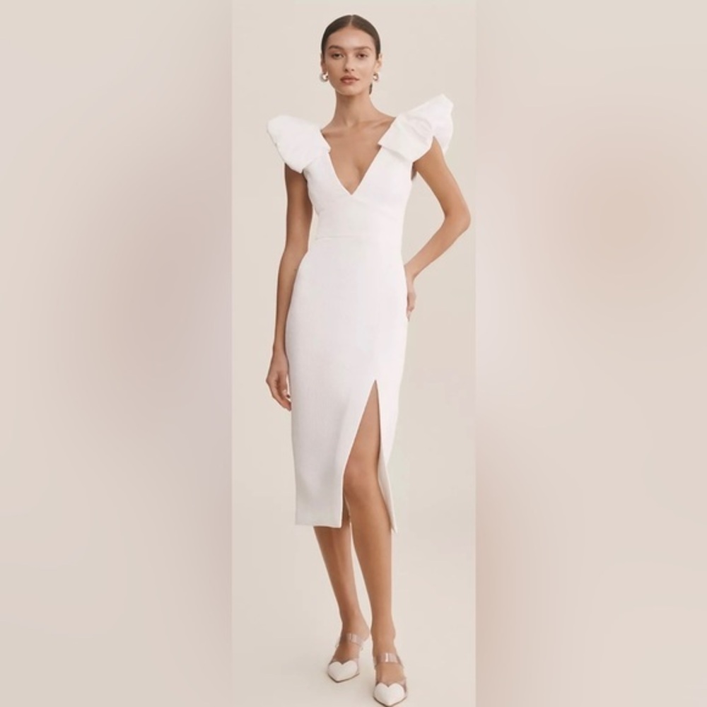 NWT Rebecca Vallance Puff-Sleeve V-Neck Midi Dress